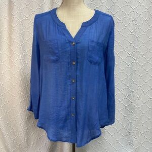 I.N. Studio size large petite‎ Blue Button-Up Blouse convertible sleeves flowy
